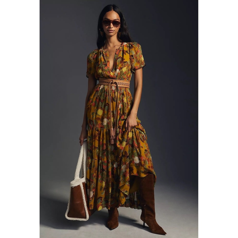 Anthropologie Womens Somerset Botanical Fruit Print Tiered Maxi Dress Size XS